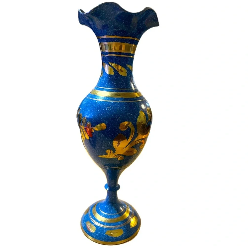 Vintage Blue Enameled Brass Bud Vase w/ etched florals and ruffled opening